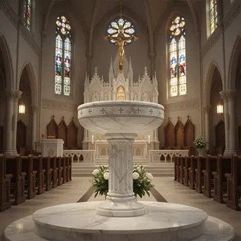 Classic white marble baptismal font replica for church restoration