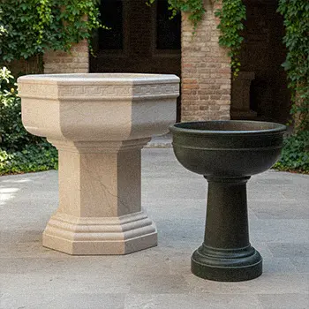 Carved stone baptismal font vessel for holy water