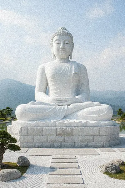 Custom large outdoor white marble Buddha statue in a peaceful garden, perfect for meditation centers.