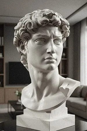 Marble Michelangelo David bust statue showing detailed head and shoulders