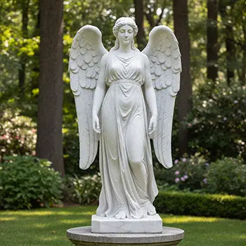 White marble angel with wings statue standing on pedestal