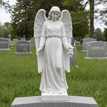 Guardian angel statue with large wings protecting family monument