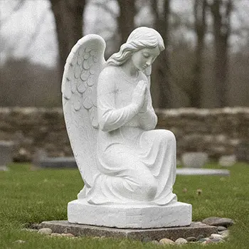 Kneeling angel statue praying on stone cushion for grave site