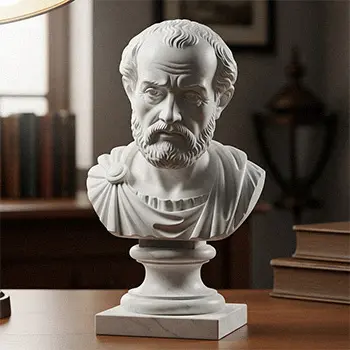 Small philosopher bust statue placed on a wooden office desk