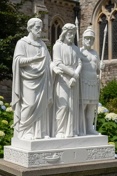 White marble Stations of the Cross statue set Station 1 Jesus is condemned to death