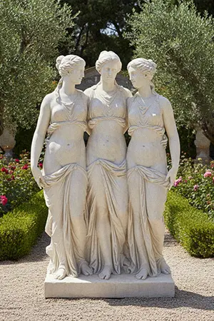 The Three Graces marble statue fountain centerpiece featuring three dancing sisters