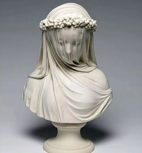 Marble Veiled Woman bust sculpture showing transparent veil effect through stone