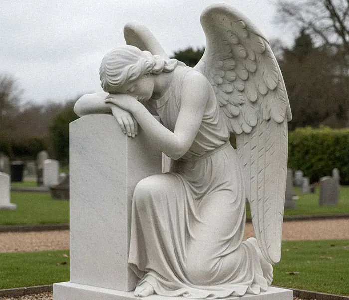 Weeping angel statue leaning on headstone monument symbol of grief