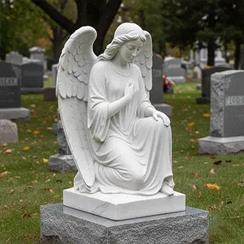 White marble weeping angel headstone monument for grave