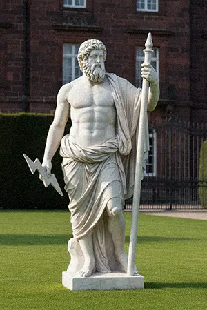 Hand carved white marble Zeus statue holding lightning bolt