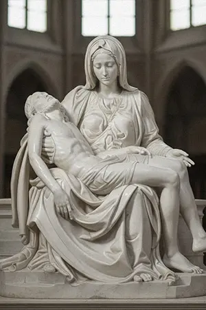 Close-up detail of marble Pieta replica showing sorrowful expression of Virgin Mary