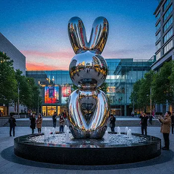 Jeff Koons stainless steel balloon rabbit sculpture in city square