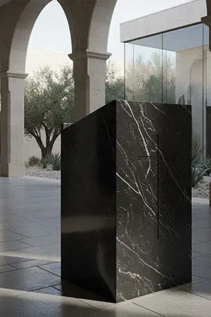 Modern minimalist black marble church pulpit with white cross