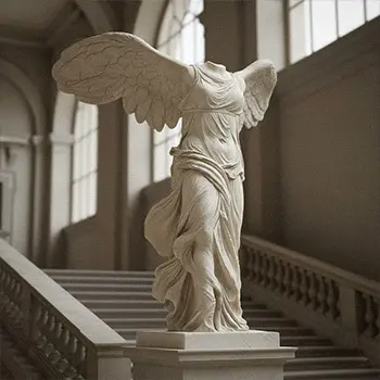 Winged Victory of Samothrace marble statue replica with dramatic wings