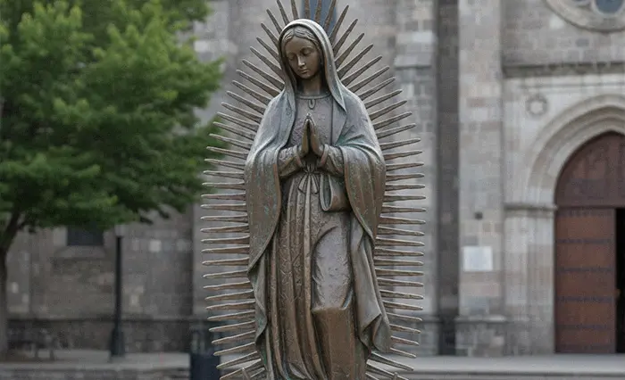 Large outdoor bronze Our Lady of Guadalupe statue with sun rays and angel