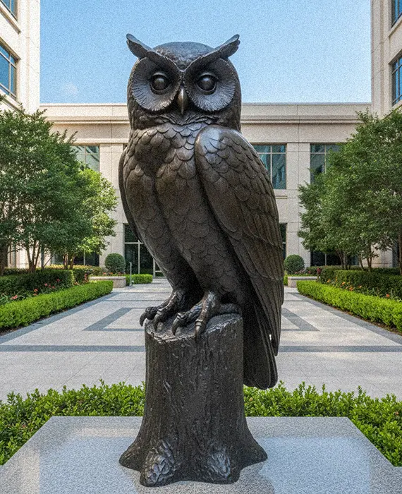 Large bronze owl statue standing on tree stump wisdom symbol