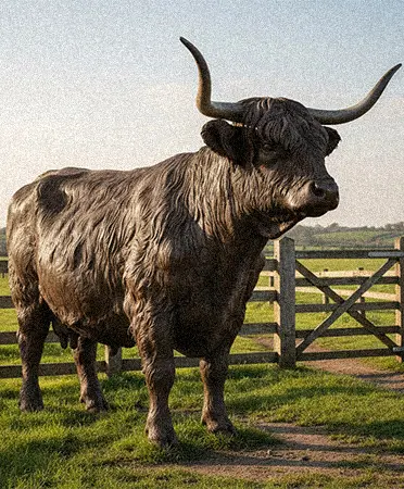Outdoor bronze Highland cattle sculpture with detailed fur in garden landscape setting