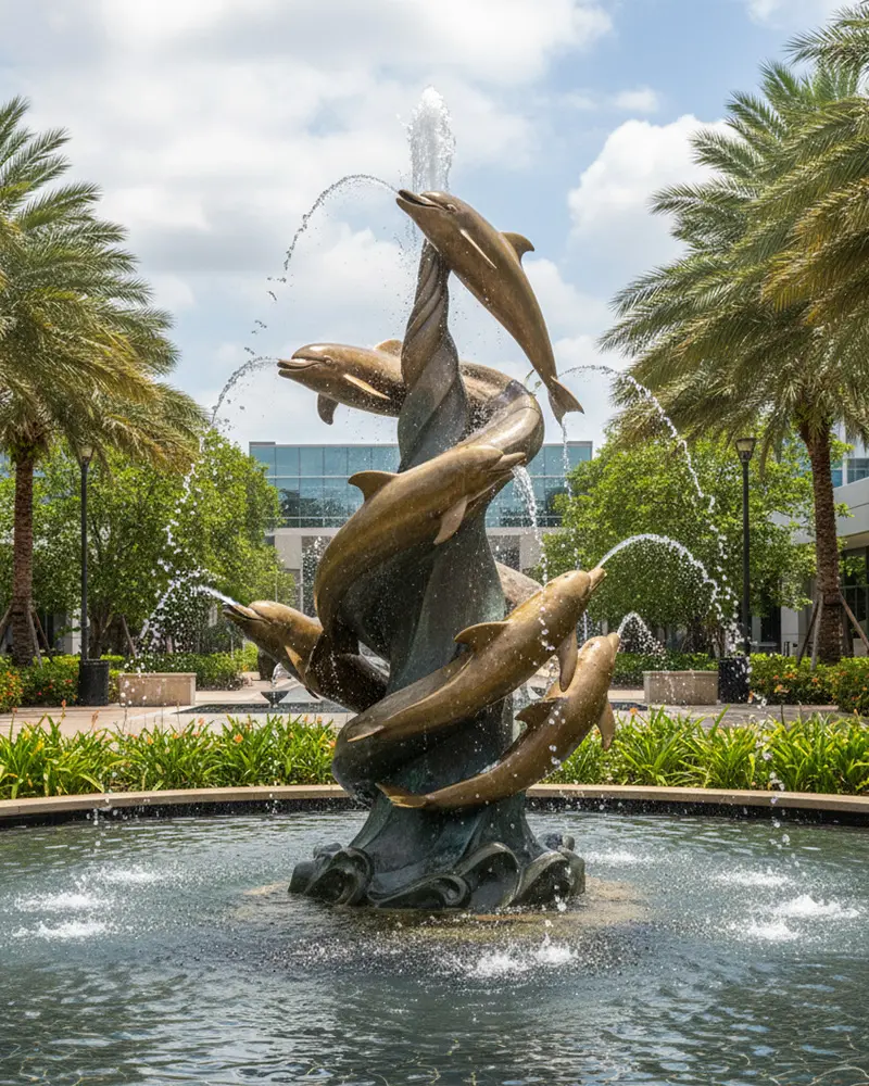 Large bronze dolphin water fountain sculpture with multiple dolphins jumping