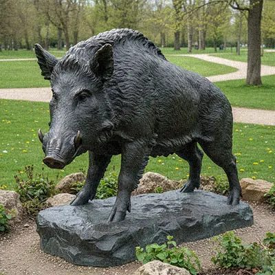 Wild boar bronze statue with tusks
