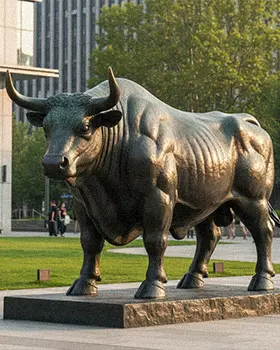 Large muscular bronze ox statue walking