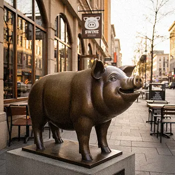 Life-size bronze pig statue standing on street