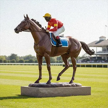 Painted bronze jockey lawn statue with colorful uniform