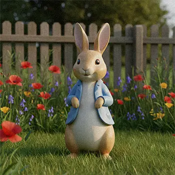 Cute standing Peter Rabbit garden statue holding carrots
