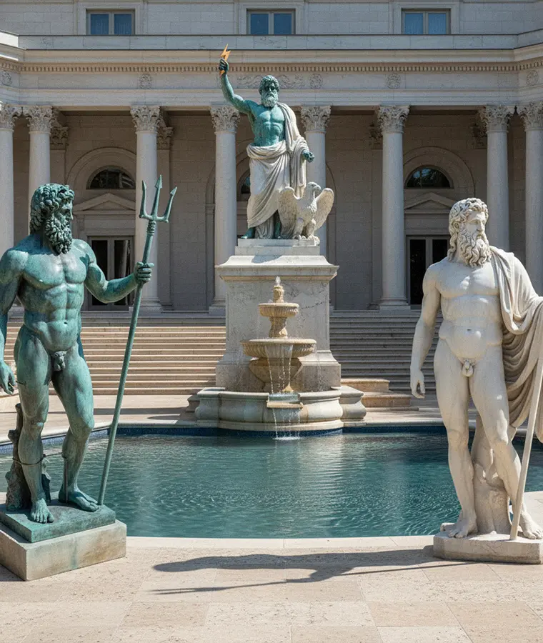 Large outdoor bronze Poseidon statue with trident and marble Zeus sculpture near swimming pool