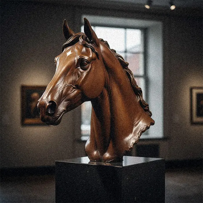 Bronze horse head bust sculpture on black pedestal