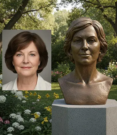 Bronze bust of a woman next to her photo, demonstrating the durable material for outdoor memorial sculptures.