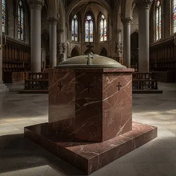 Red marble baptismal font with custom bronze cover lid