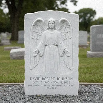 Granite headstone with high relief angel carving and bible verse