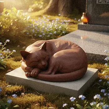 Sleeping bronze cat statue curled up on stone base memorial