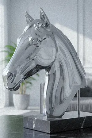 Polished stainless steel horse head bust detail
