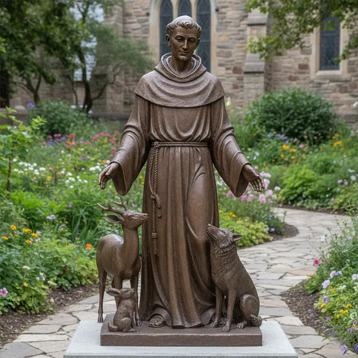 Bronze St Francis garden statue with deer and wolf