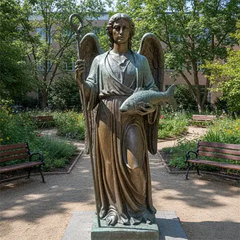 Bronze St Raphael the Archangel statue holding a staff for healing garden