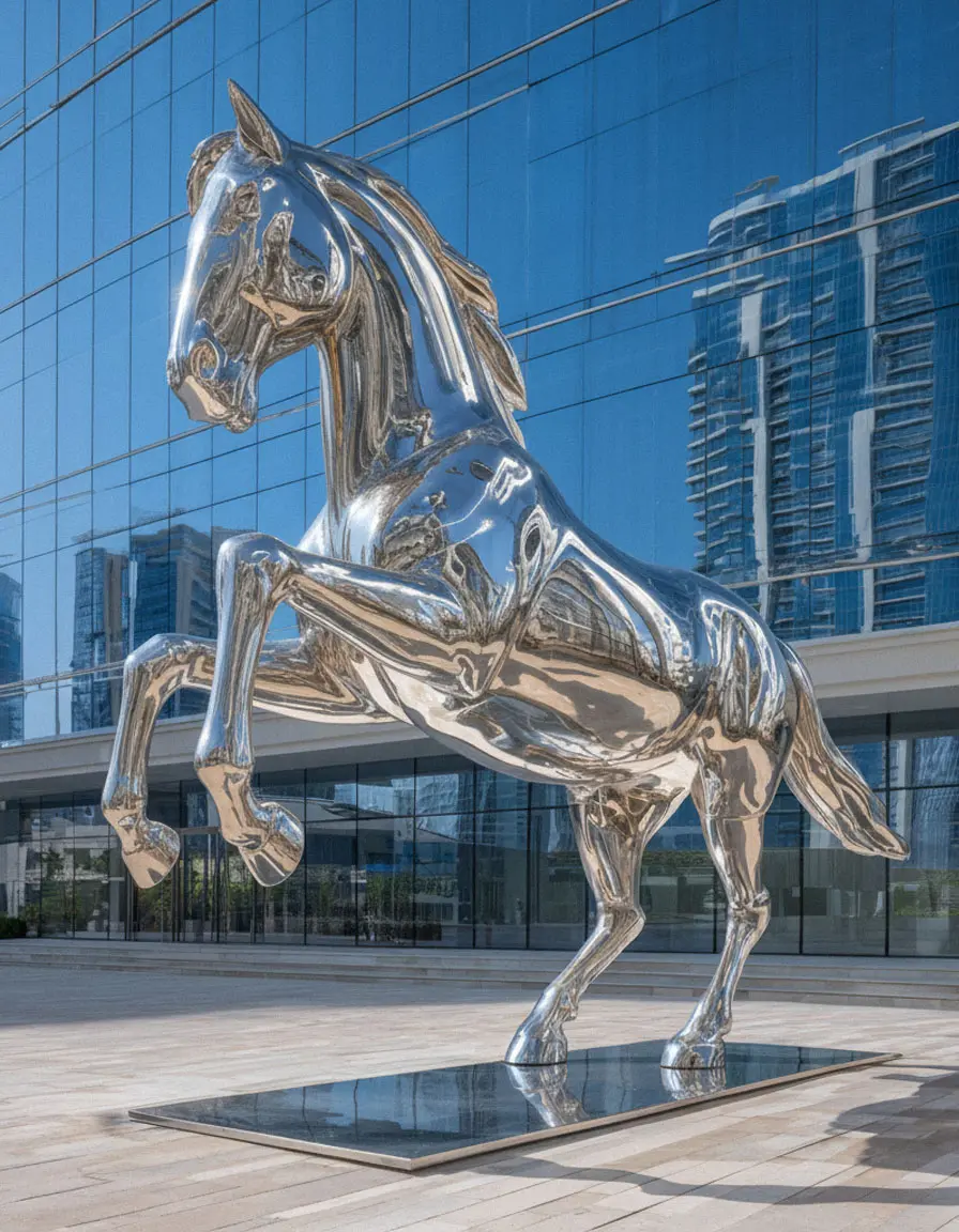 Large mirror polished stainless steel rearing horse sculpture for modern city plaza