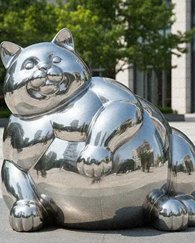 Botero style fat cat statue polished stainless steel