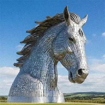 Giant metal horse head sculpture inspired by The Kelpies landmark