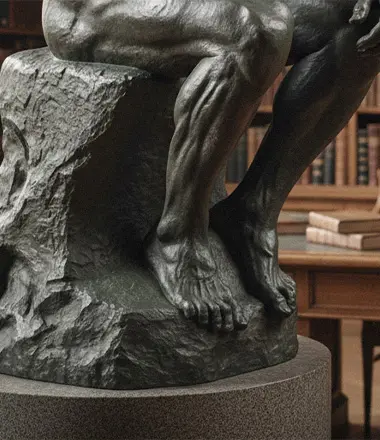 Close up detail of bronze Thinker statue showing muscle texture and toes