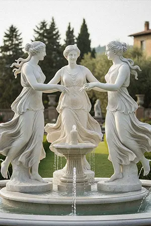 The Three Graces marble statue fountain centerpiece featuring three dancing sisters
