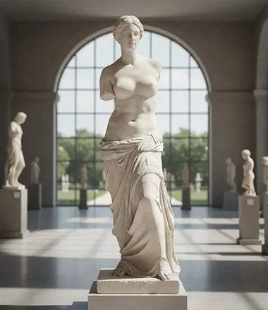 Life-size white marble Venus de Milo statue replica with draped fabric detail