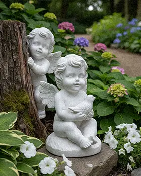 Vintage style white marble cherub statue sitting with a bird
