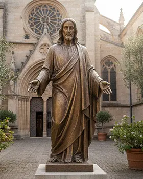 Life-size bronze Jesus Christ statue standing in church courtyard
