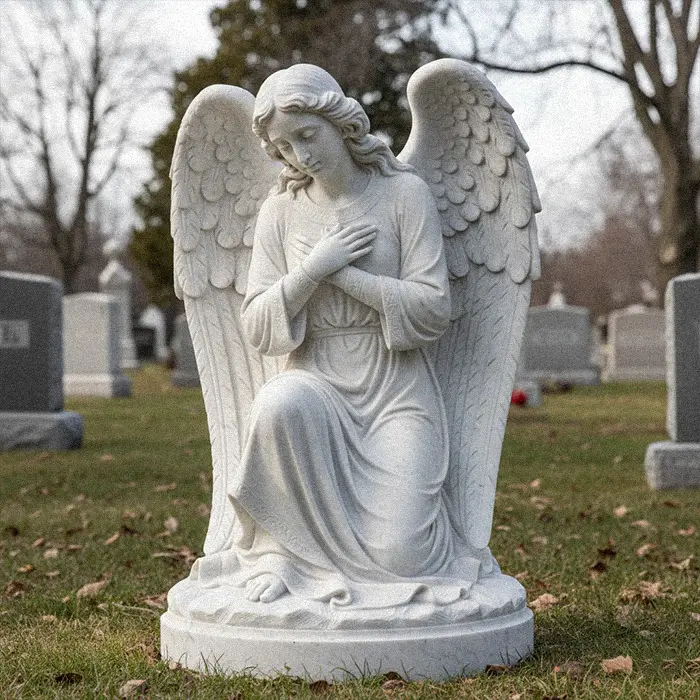 Hand carved white marble kneeling angel memorial detail
