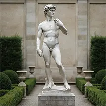 Close up of white marble David statue in museum