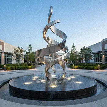 Abstract stainless steel water feature sculpture spiral shape