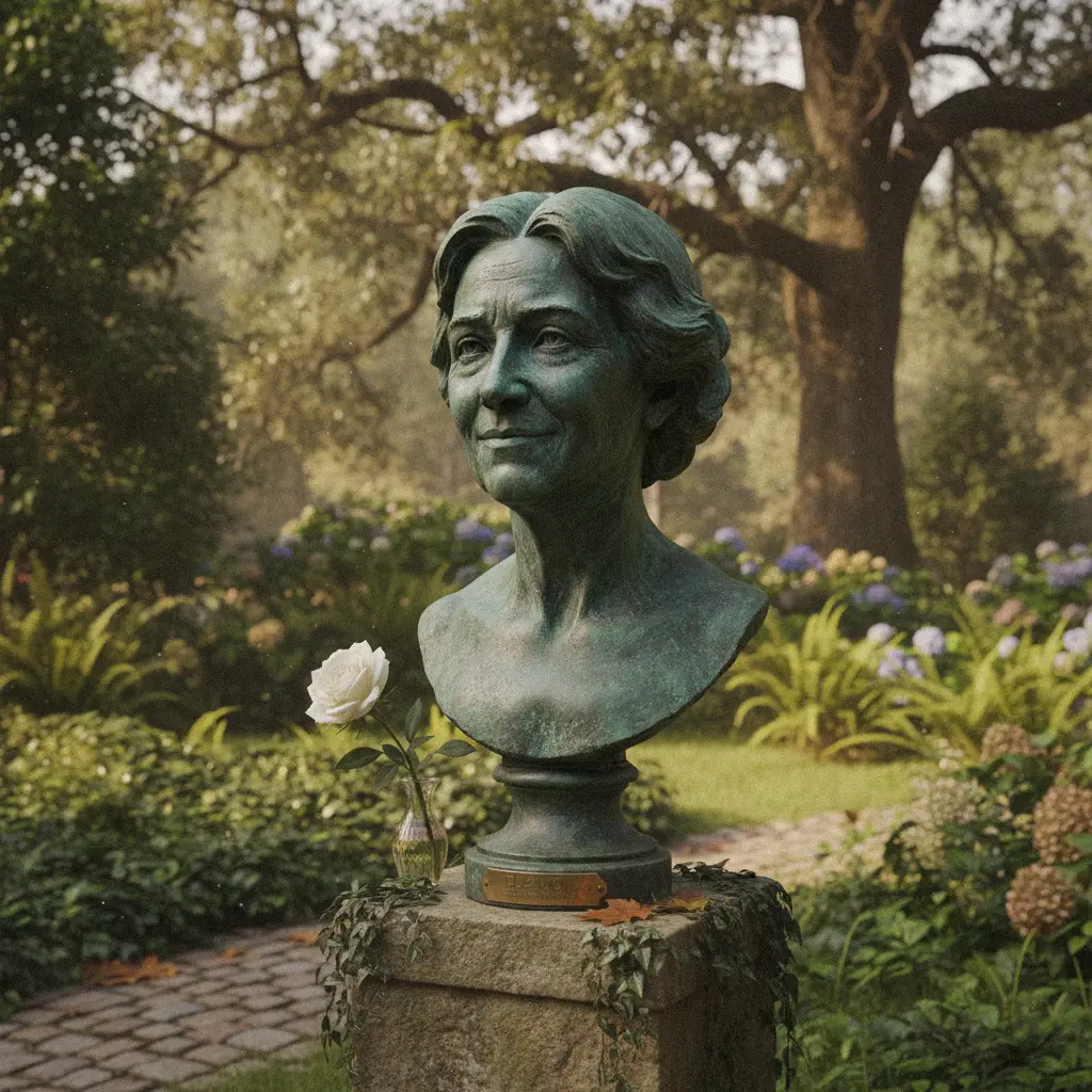 Outdoor bronze female bust statue with natural green patina, suitable for gardens and parks.