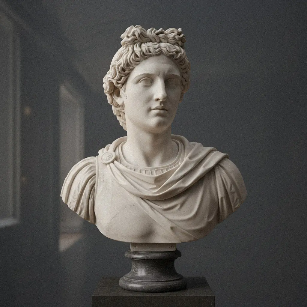 Museum-grade classical marble bust of a young man, off-white in color, for indoor display.