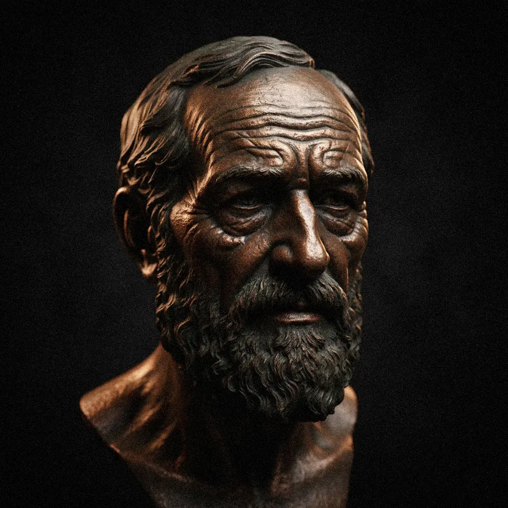 A museum-quality classical bronze bust of a middle-aged man, adorned with deep brown patina, revealing distinct facial wrinkles.